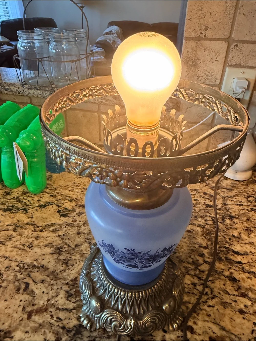 Vintage Blue frosted Floral Glass Hurricane Table Parlor Lamp - working light.